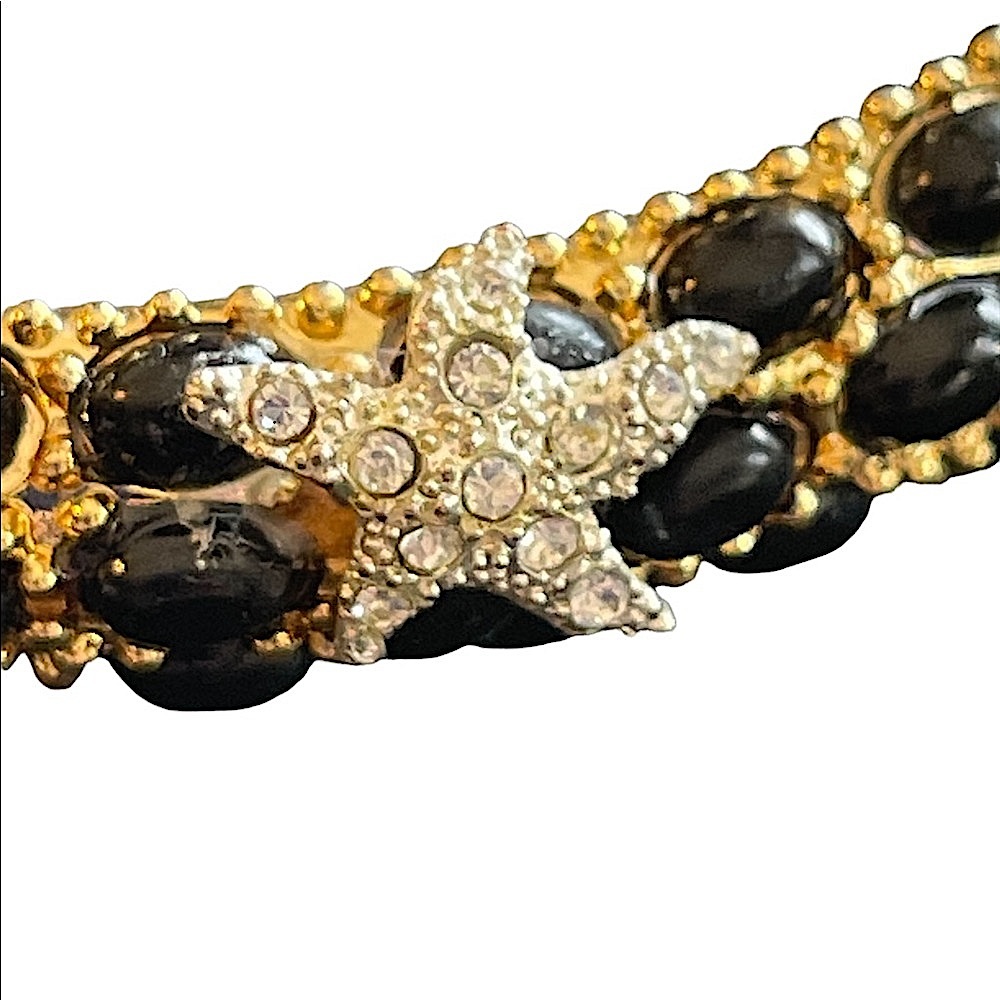 Kenneth J. Lane-inspired BLACK CABOCHON CLAMPER BRACELET w/Starfish Gold&Silver - Picture 3 of 8